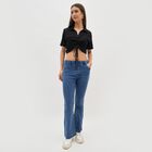 Women's Jet Black Cotton Collared Casual Crop Top, काला, small