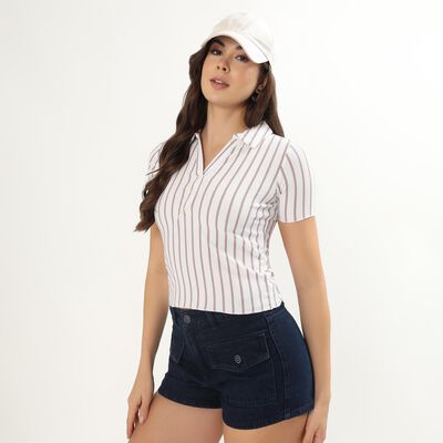 Women's Off-White Polo Collar Casual T-Shirt