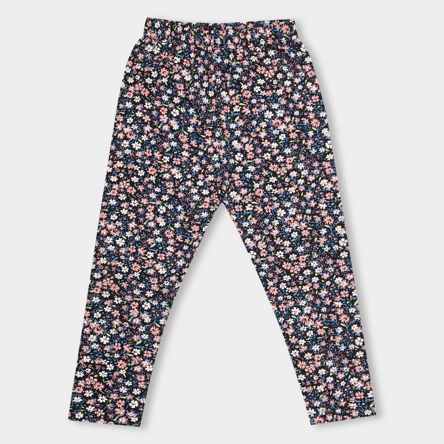 Girls' Black Floral Printed Full-Length Cotton Blend Legging, Black, large image number null