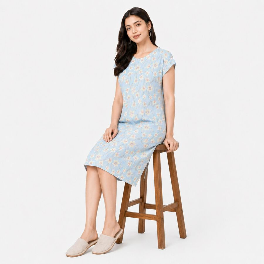 Women's Light Blue Round Neck T-Shirt Style Nighty, हल्का नीला, large
