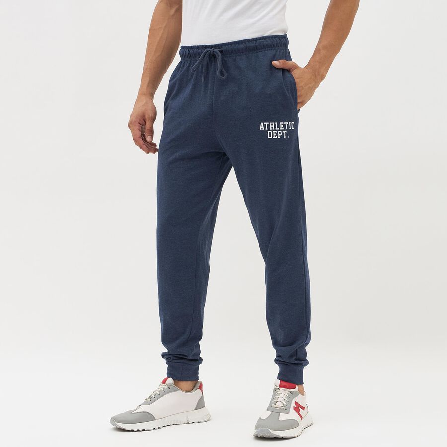 Men's Deep Navy Blue Regular Fit Logo Track Pants, Melange Blue, large image number null