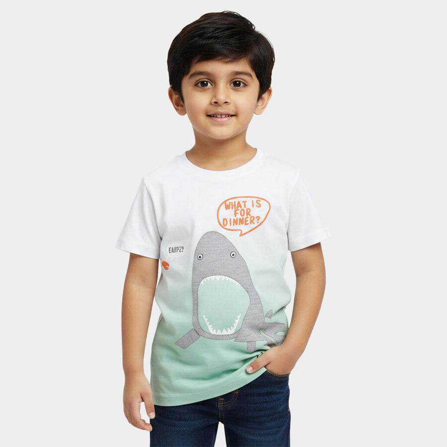 Boys' White and Mint Green Cotton Round Neck Casual T-Shirt, हल्का हरा, large