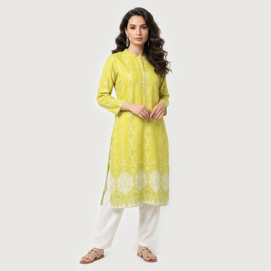 Women's Light Green Round Neck Printed Straight Kurta, हल्का हरा, large