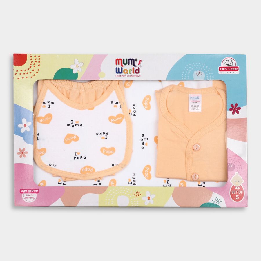 Infants' Cotton Gift Set 5 Pc&nbsp;Gift&nbsp;Set&nbsp;(Top, Shorts, Sheet, Cap, Bib), Peach, large