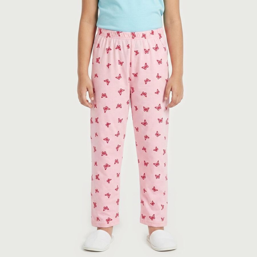 Girls Pink Straight Fit Butterfly Printed Cotton Blend Pyjama, गुलाबी, large