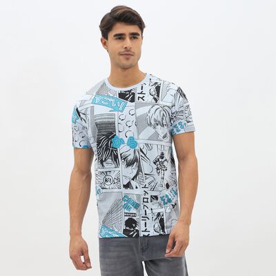 Men's Light Blue Cotton Round Neck Graphic Printed T-Shirt