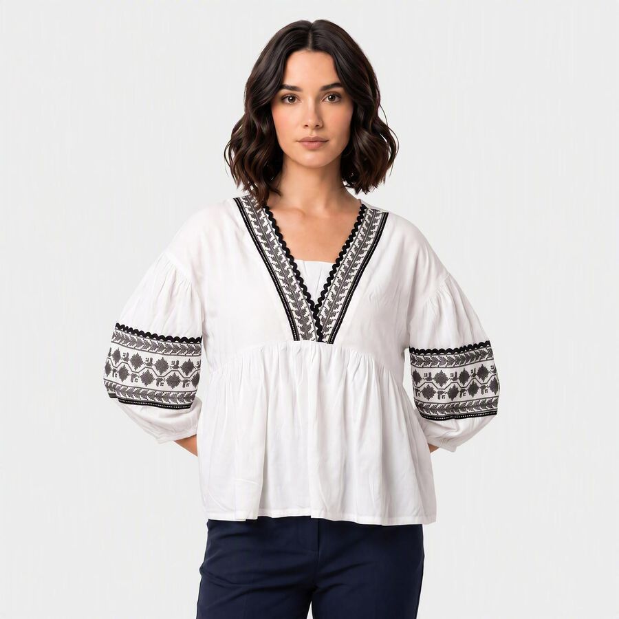 Women White V Neck Shirt, सफ़ेद, large