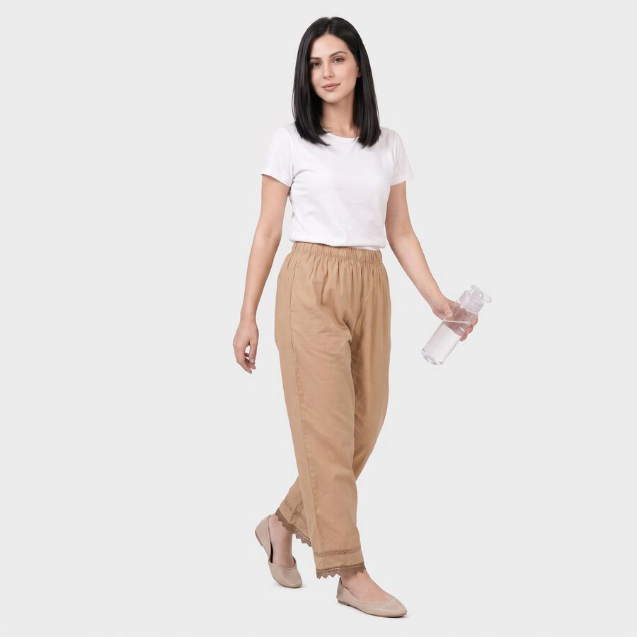 Women's Beige Regular Fit Solid Elastic Waist Palazzos, Beige, large