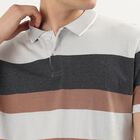 Men's Beige Cotton Polo Neck Striped T-Shirt, Beige, small