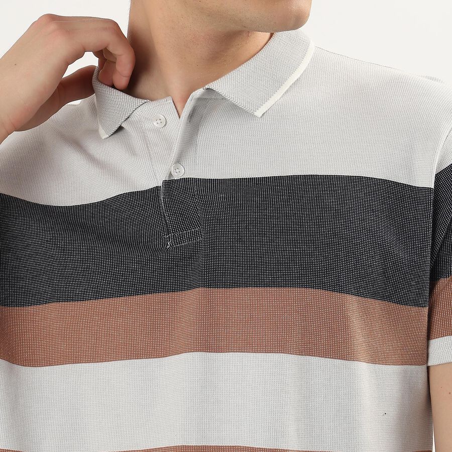 Men's Beige Cotton Polo Neck Striped T-Shirt, Beige, large