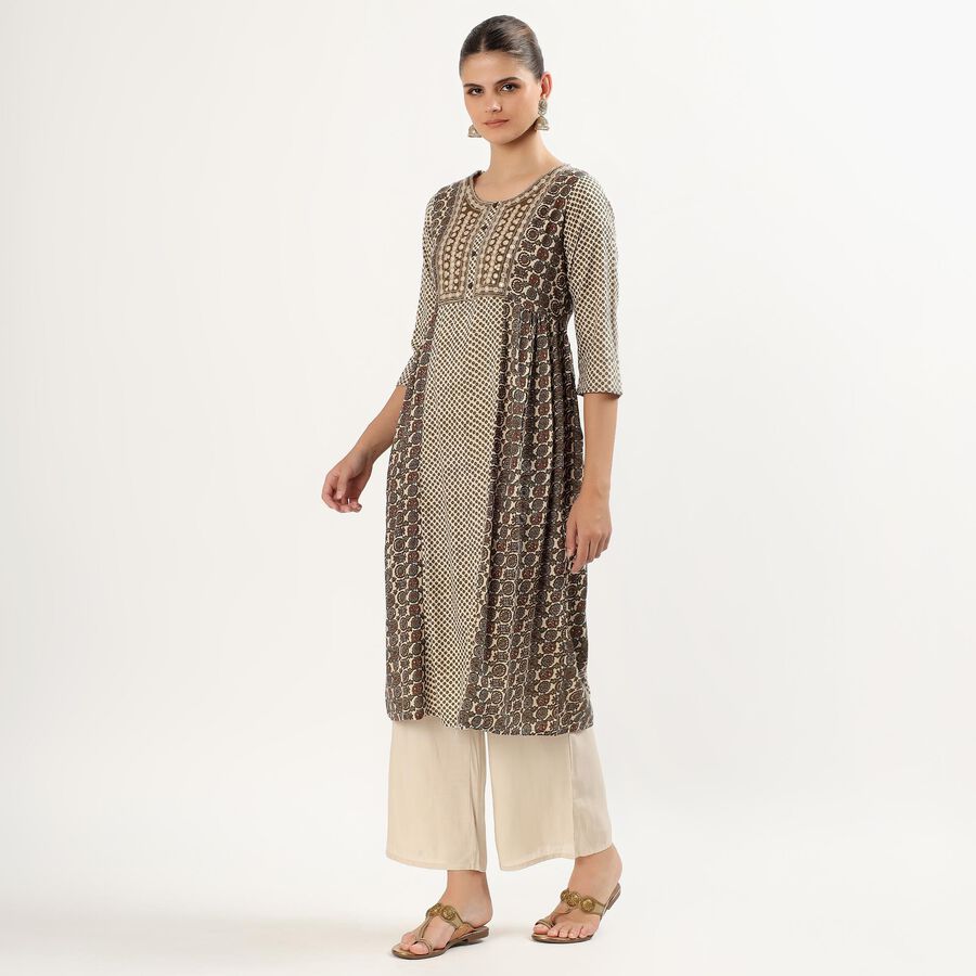 Women's Beige Round Neck Printed Kurta, Beige, large image number null