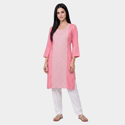 Women's Pink Scoop Neck Printed Straight Kurta