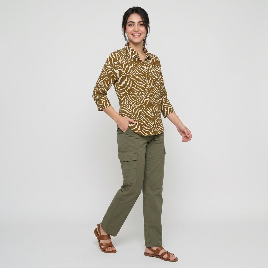 Women's Olive Green Printed Collar Regular Fit Shirt, ओलिव, large