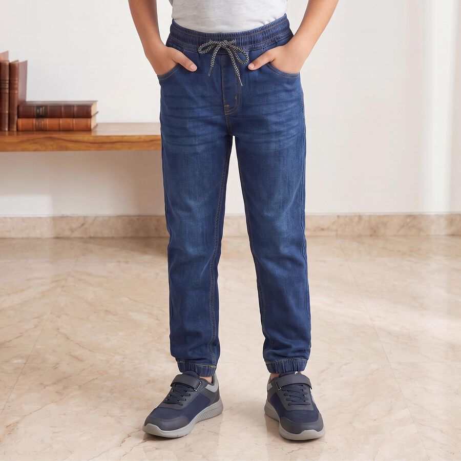 Boys Blue Jogger Fit Washed Jeans, मध्यम नीला, large