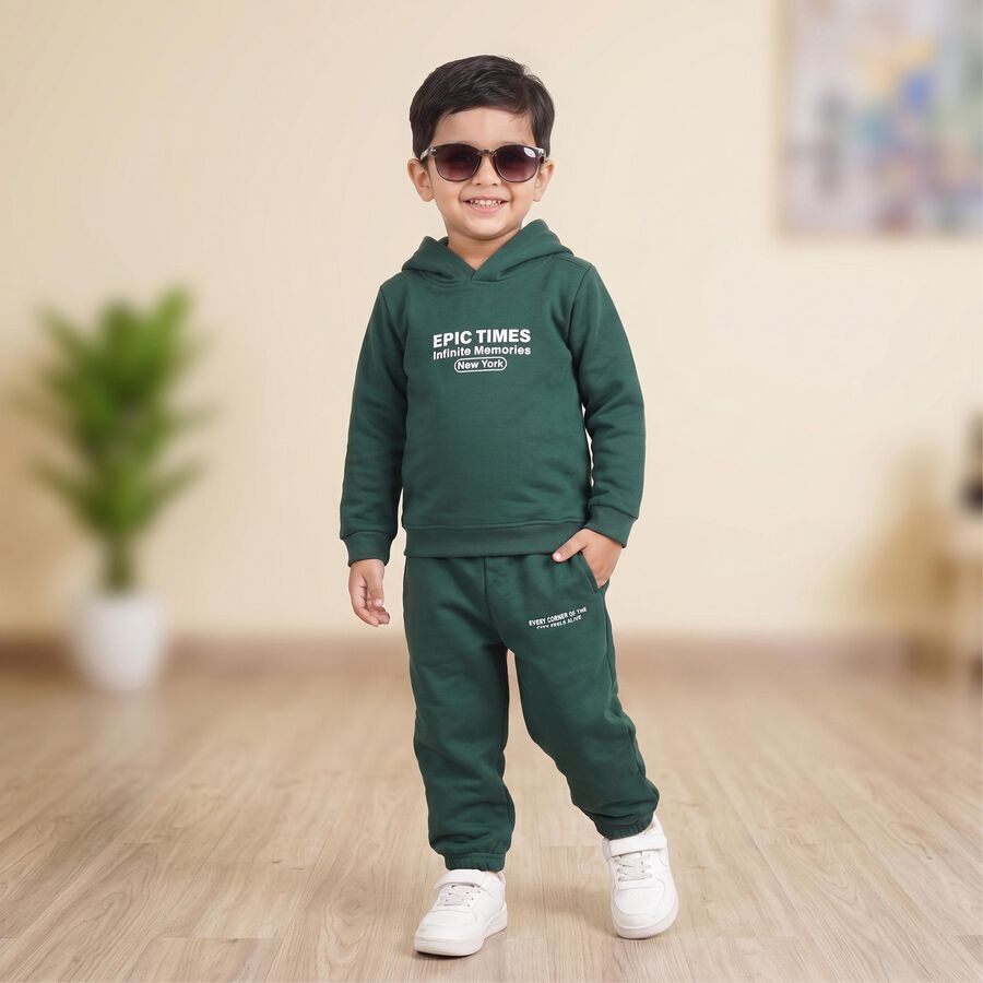 Boys Green Hooded Neck Graphic Printed Baba Suit, Dark Green, large