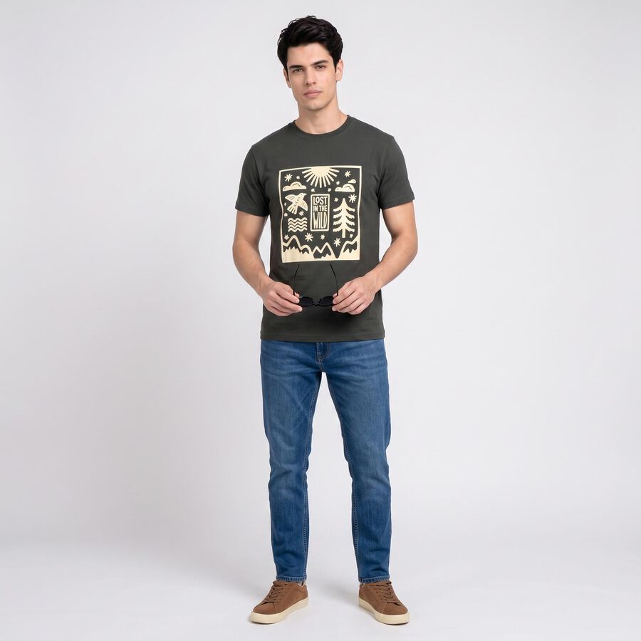 Men's Olive Green Round Neck Regular T-Shirt, हल्का हरा, large