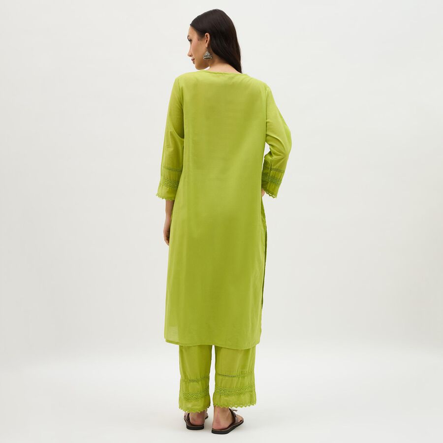 Women's Bright Lime Green Cotton Self Design Ethnic Set, Light Green, large image number null