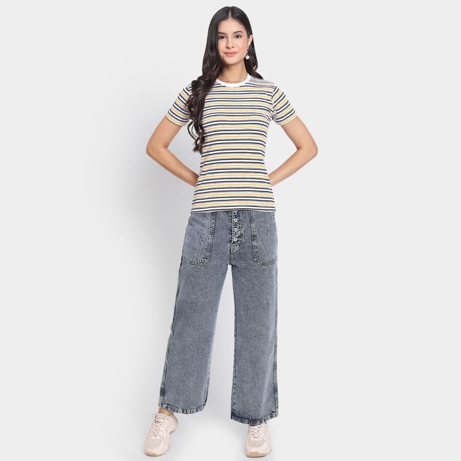 Ladies'  Stripes Round Neck T-Shirt, मस्टर्ड, large image number null