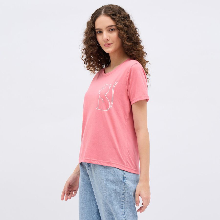 Girls' Bright Pink Round Neck Printed T-Shirt, Pink, large image number null