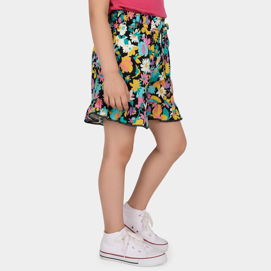 Girls' Black Regular Fit Floral Printed Shorts, काला, large