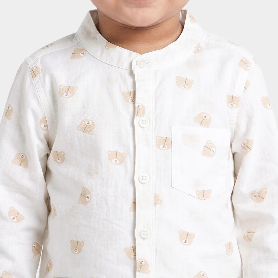Infants Off White Cotton Long Sleeve Mandarin Collar Shirt, Off White, large