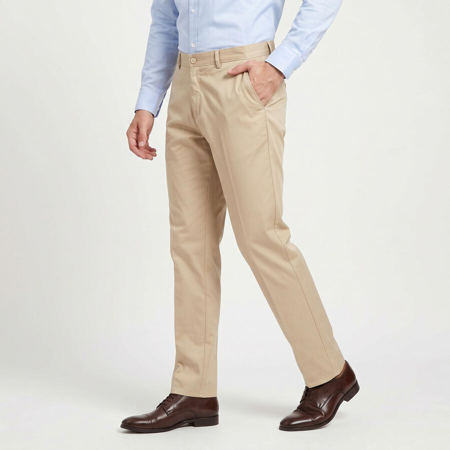 Men's Beige Slim Fit Flat-Front Formal Trousers, Beige, large