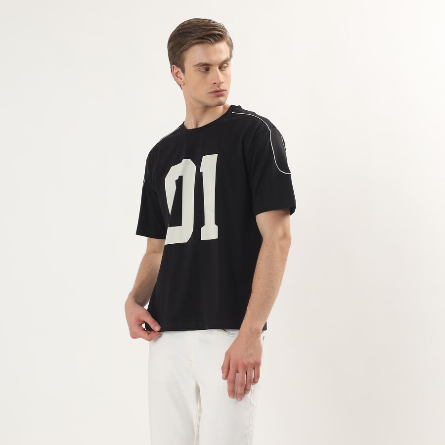 Men's Black Cotton Round Neck Numeric Printed T-Shirt, Black, large