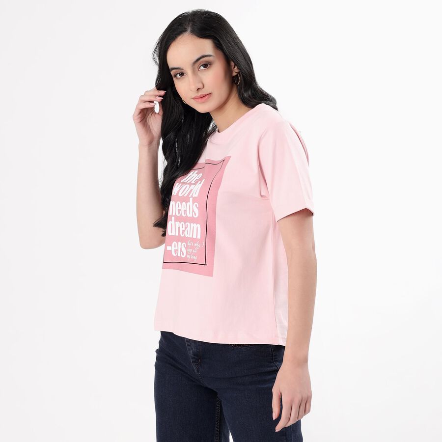 Women's Light Pink Round Neck Casual T-Shirt, गुलाबी, large