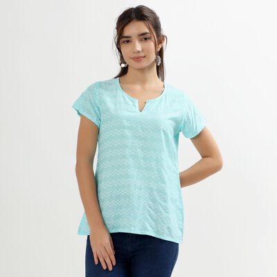 Women's Light Aqua Blue Notch Neck Printed Kurti