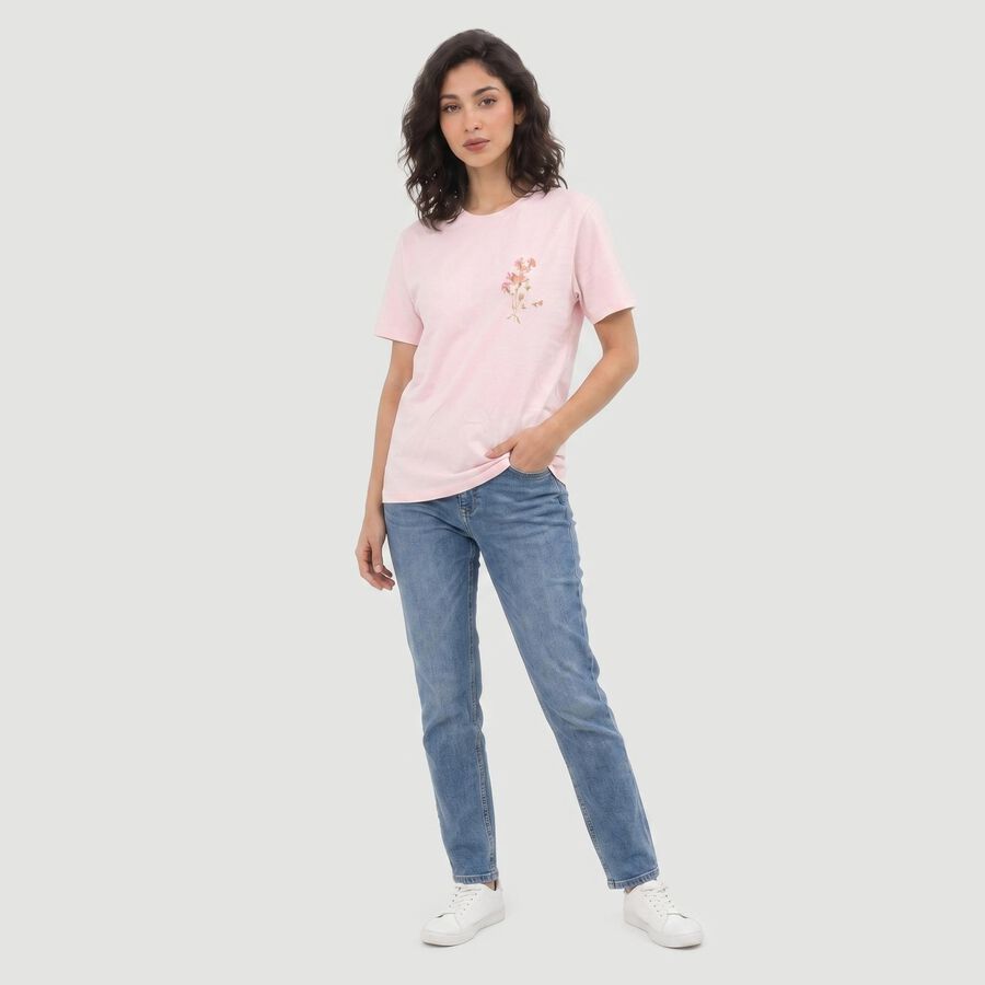 Women's Pink Cotton Round Neck Graphic Print T-Shirt, हल्का गुलाबी, large