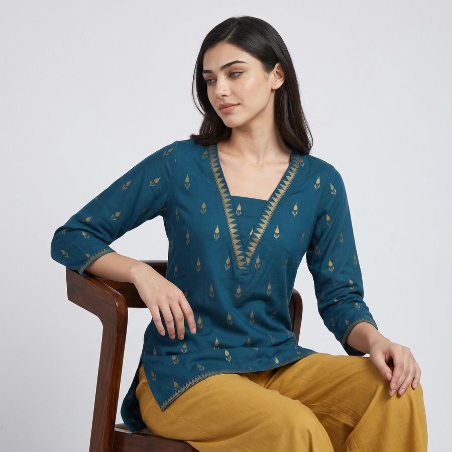 Women's Teal V-Neck Printed Straight Kurti, Teal Blue, large