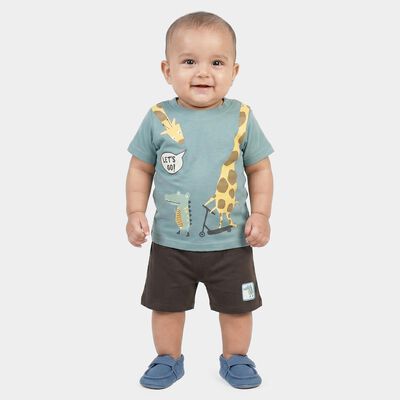 Infants' Light Blue 100% Cotton Round Neck Graphic Print Baba Suit