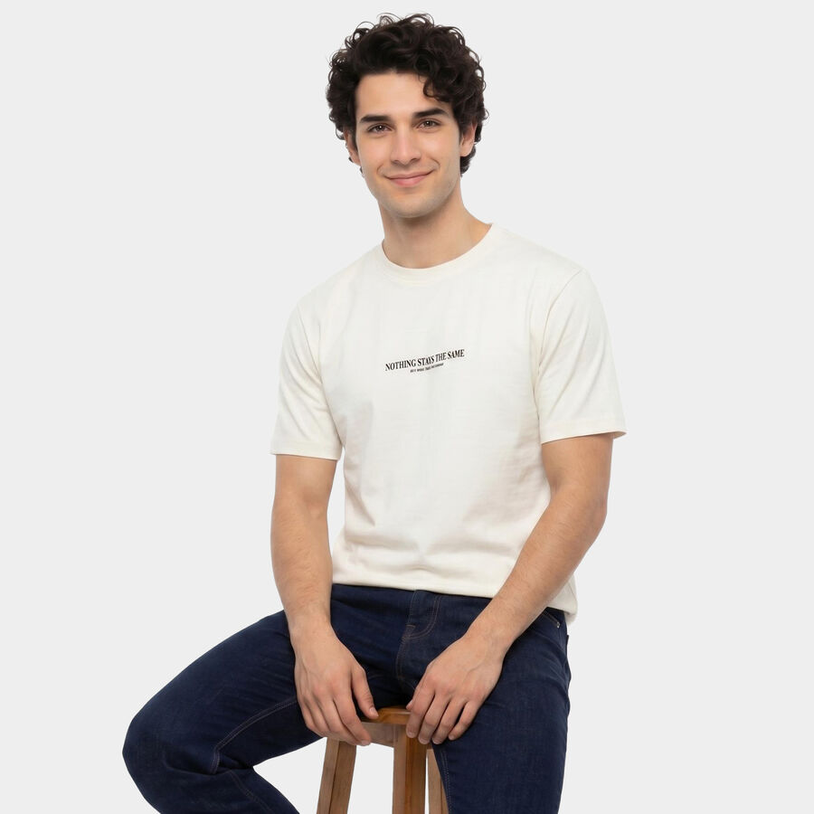 Men's White Round Neck Regular T-Shirt, White, large