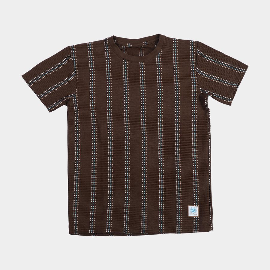 Boys Brown Round Neck Striped Boys T-Shirt, Brown, large