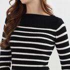 Women's Black and White Boat Neck Striped Top, काला, small