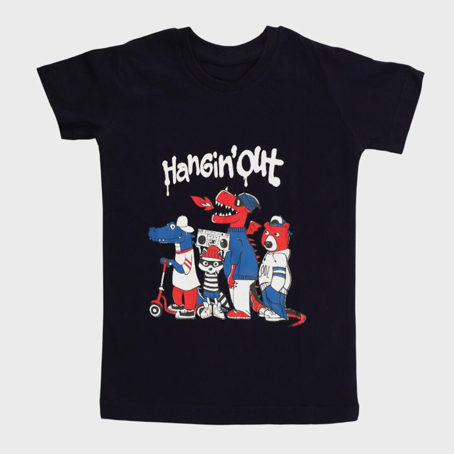 Boys Deep Midnight Navy Blue Cotton Crew Neck Casual T-Shirt, Navy Blue, large