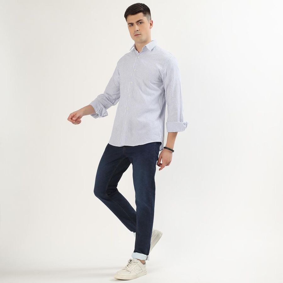 Men's Light Blue and White Cotton Spread Collar Formal Shirt, Dark Blue, large image number null