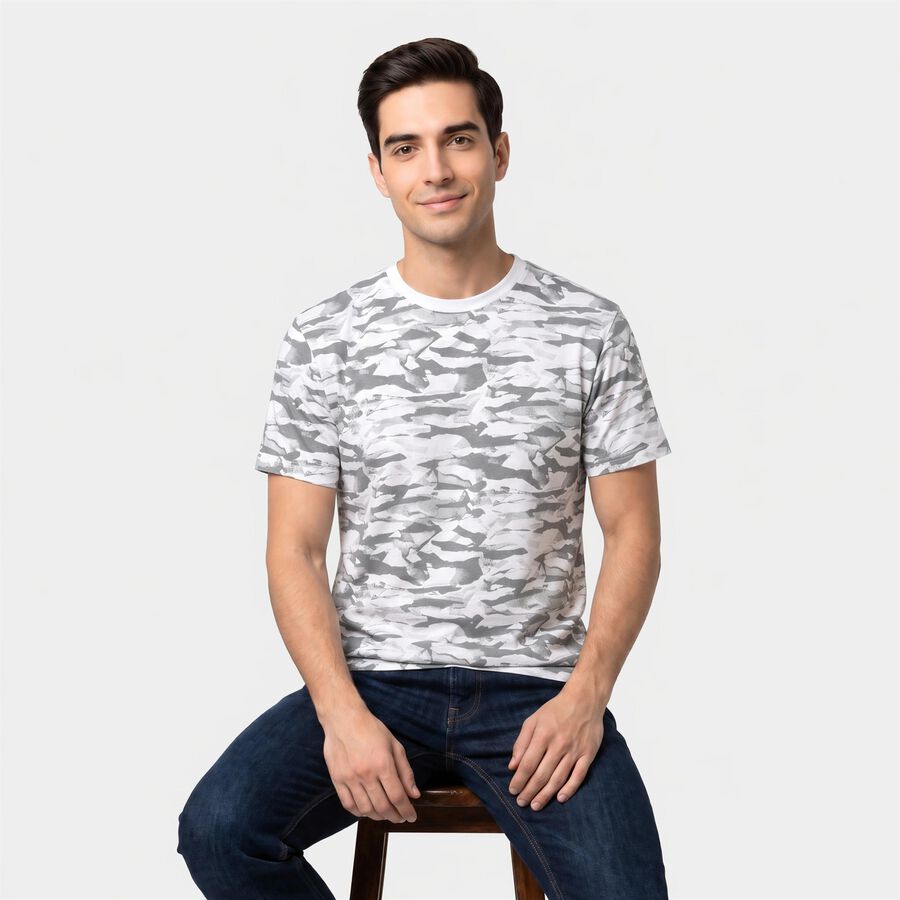 Men's White Cotton Round Neck Abstract Regular T-Shirt, सफ़ेद, large