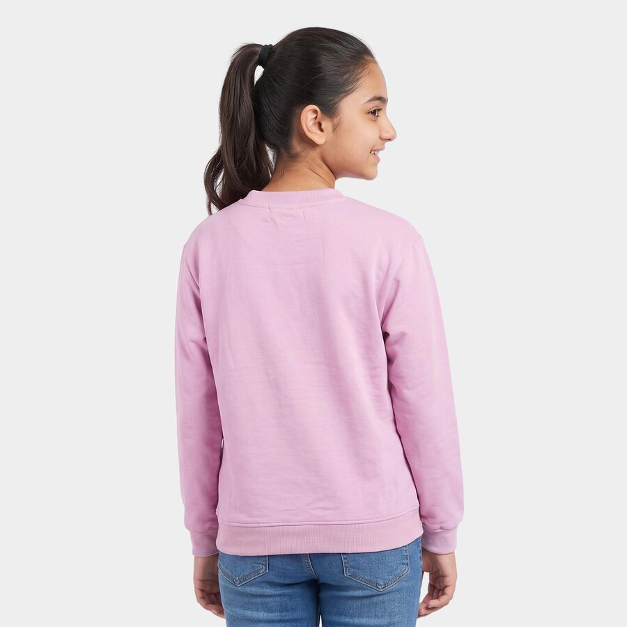 Girls' Lilac Crew Neck Graphic Print Sweatshirt, लाइलेक, large