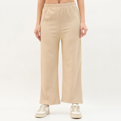 Women's Light Beige Relaxed Fit Ribbed Harem Pants