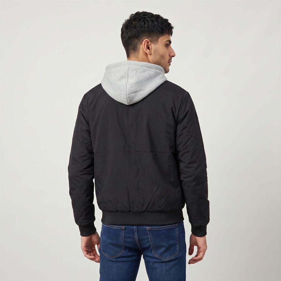 Men's Black Hooded Bomber Jacket, Black, large