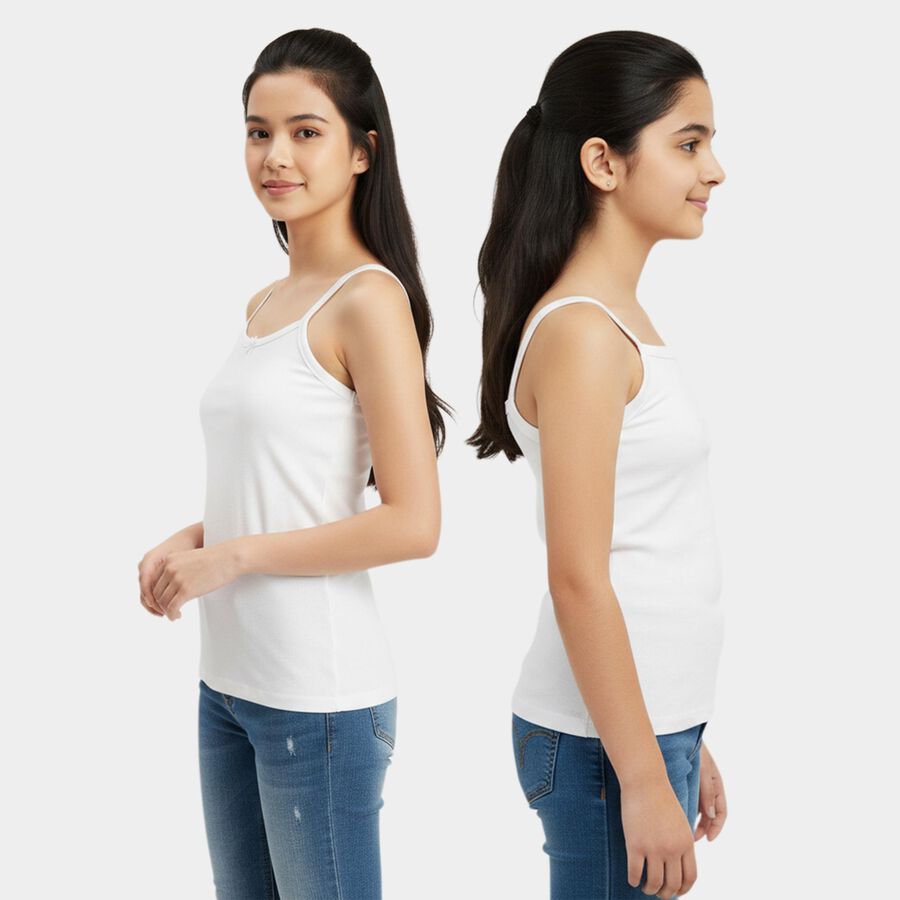 Girls' White Cotton Round Neck Minimalist Vest, सफ़ेद, large