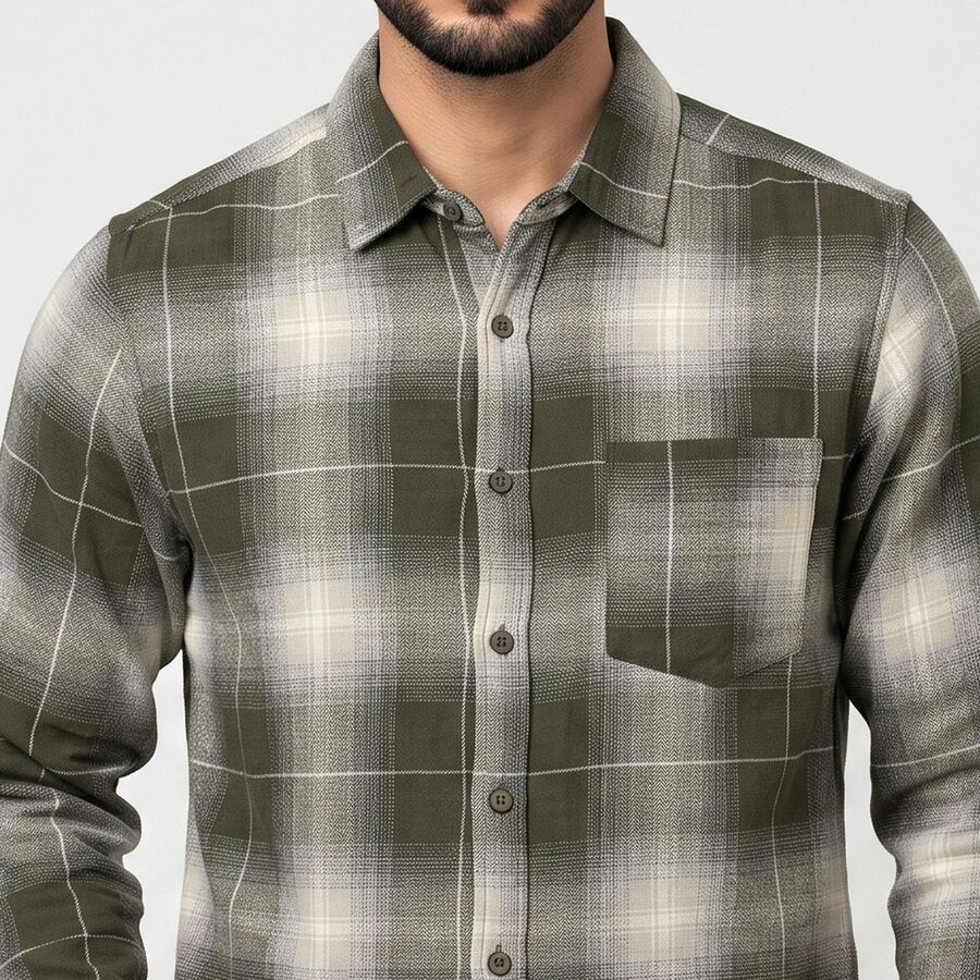 Men's Olive Green Cotton Long Sleeve Checked Casual Shirt, Olive, large
