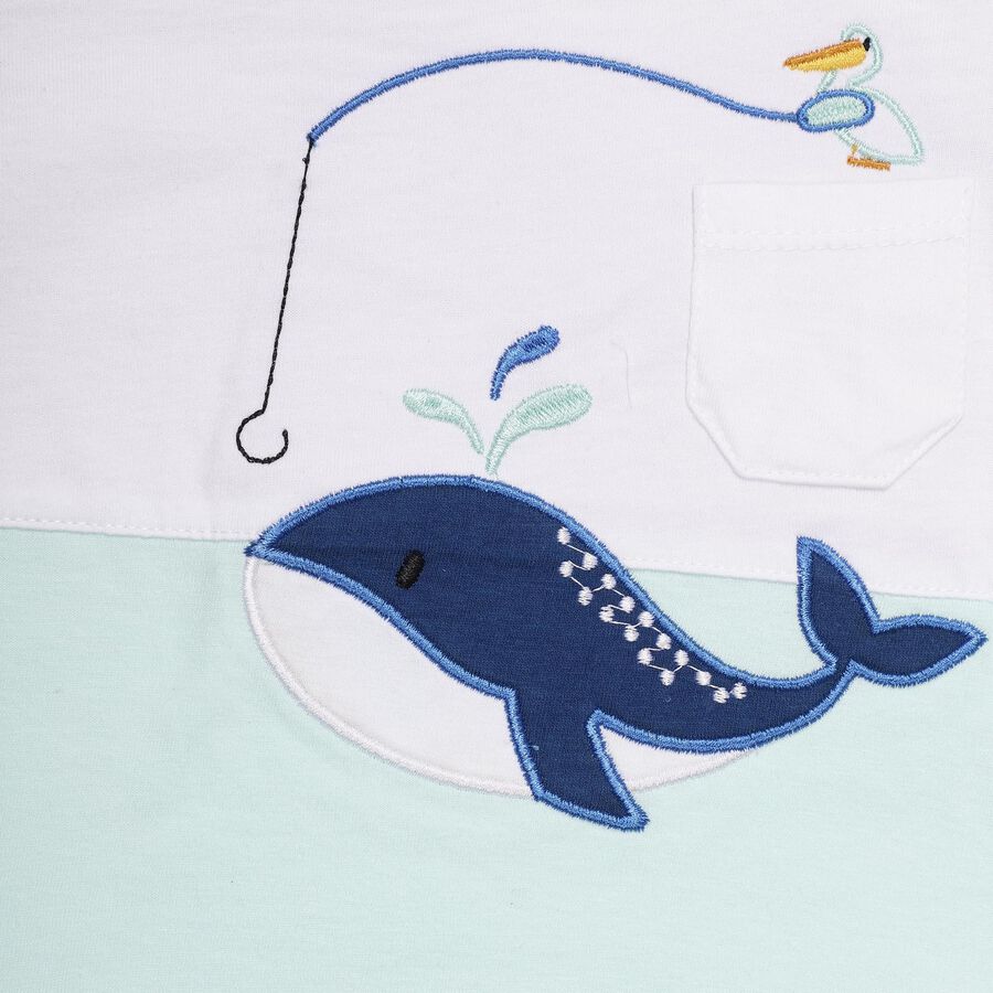 Infant Boys' Aqua Cotton Round Neck Whale Embroidered Baba Suit, Aqua, large image number null