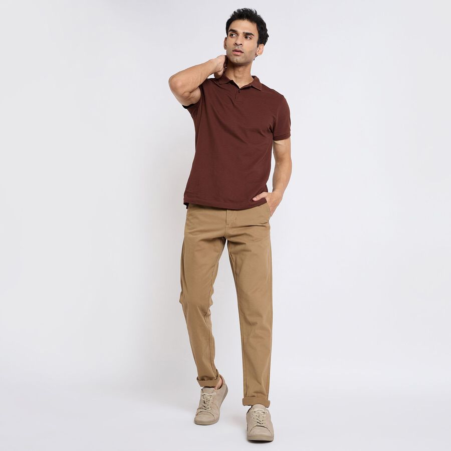 Men's 100% Cotton Slim Fit Casual Trousers , खाकी, large