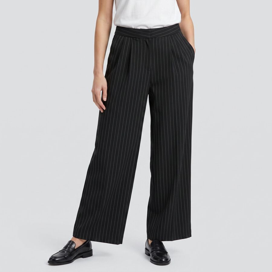 Women's Black Wide Leg Pinstriped Trousers, Black, large