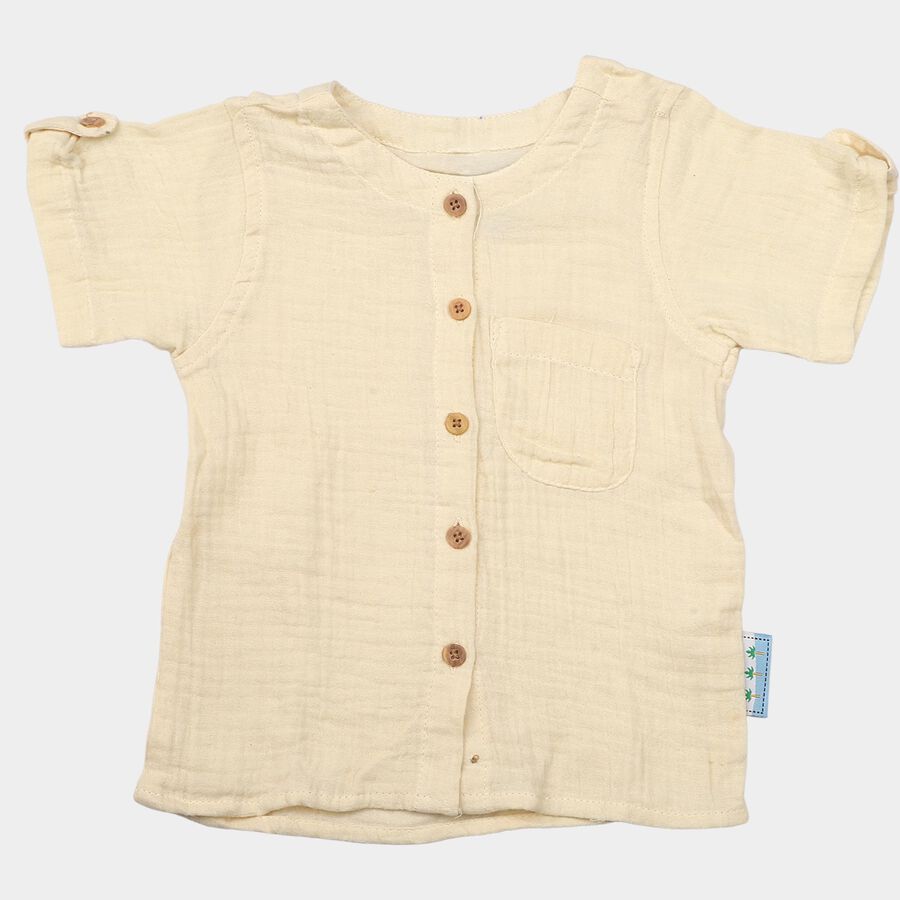 Infants Beige Cotton Round Neck Regular Fit Shirt, Beige, large