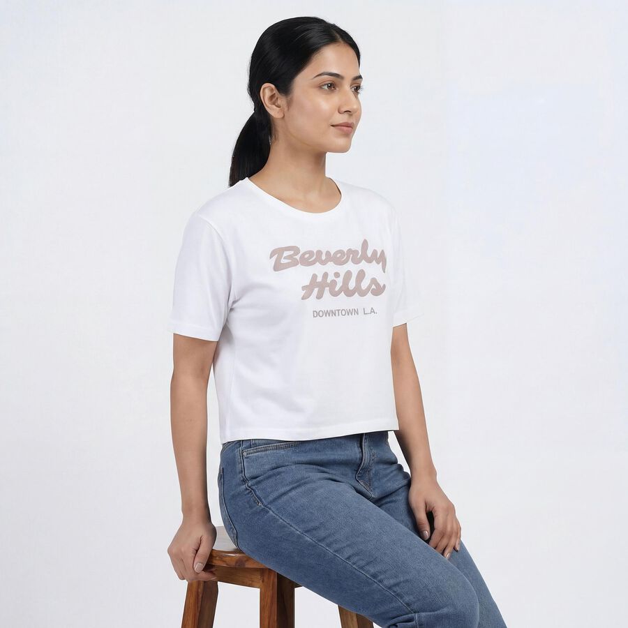 Women's White Cotton Round Neck Graphic Printed T-Shirt, White, large
