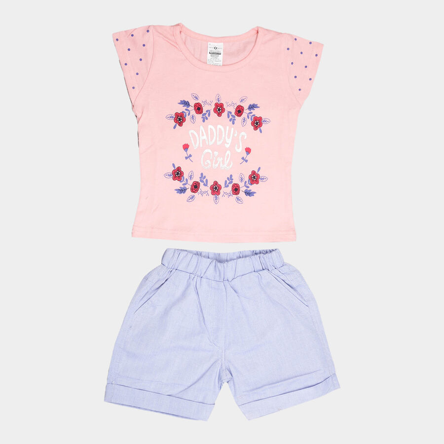 Girls Solid Short Sleeve Shorts Set, Light Pink, large image number null