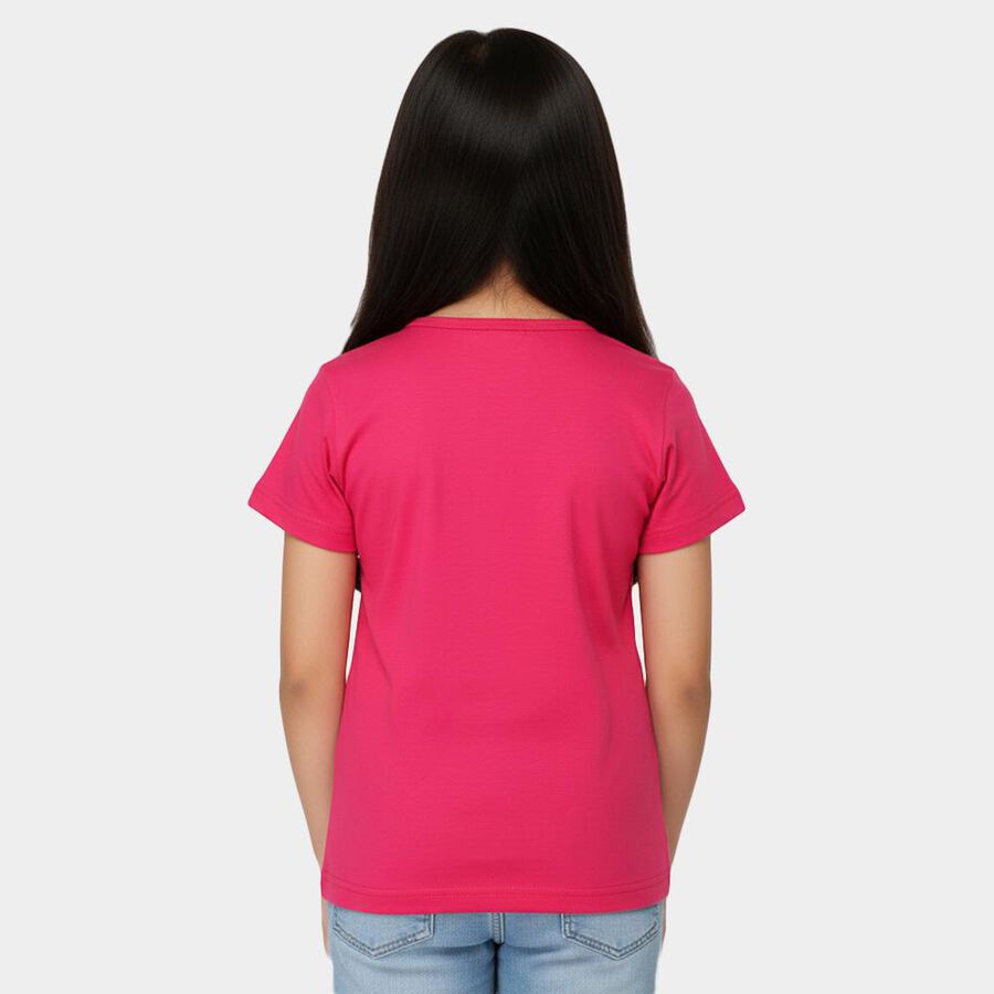 Girls Fuchsia Cotton Blend Round Neck Casual T-Shirt, Fuchsia, large